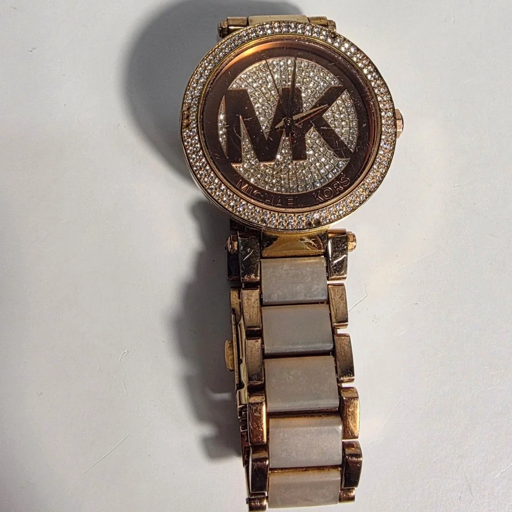 Michael Kors MK-6176 Parker Rose Gold Tone Crystal Pave Logo Dial Watch Womens